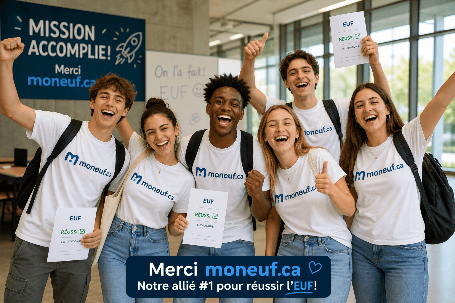 Étudiants MonEUF célébrant leur réussite à l'EUF avec Mission Accomplie